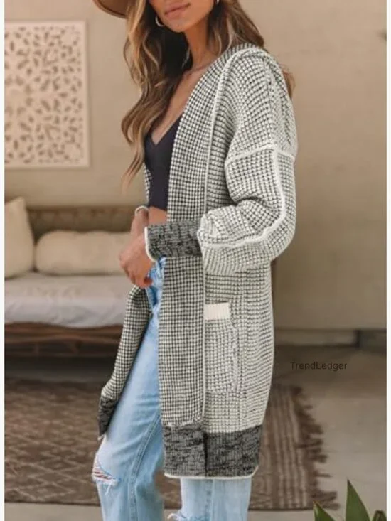 Oversized Hooded Cardigan Sweater Open Front Chunky Knit Plaid Coat - Picture 3 of 7